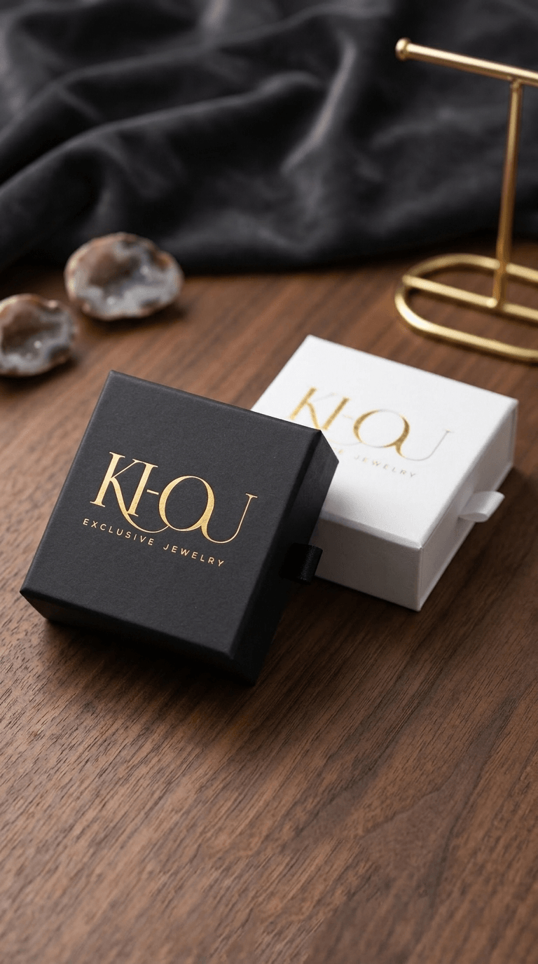 Two KI-OU jewelry boxes, one black and one white, both with gold foil lettering, displayed on a wooden surface with a black fabric backdrop and a gold jewelry stand.